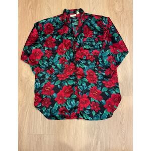 Victoria's Secret Vintage Gold Label L Night Shirt Silky Black Red Floral Y2K